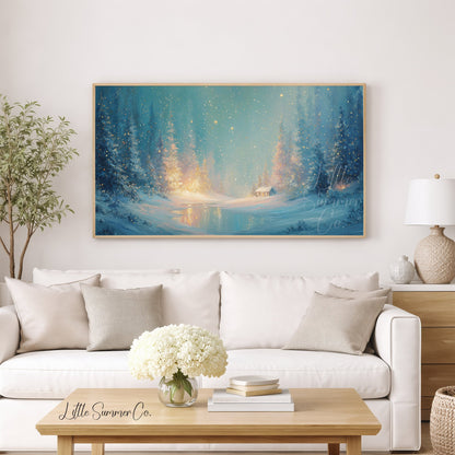 Enchanted Snowy Forest Cabin Frame TV Art displayed on a TV
