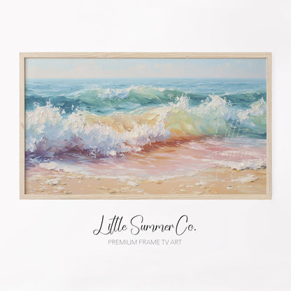 Pastel Ocean Waves on Sandy Beach Frame TV Art displayed on a TV