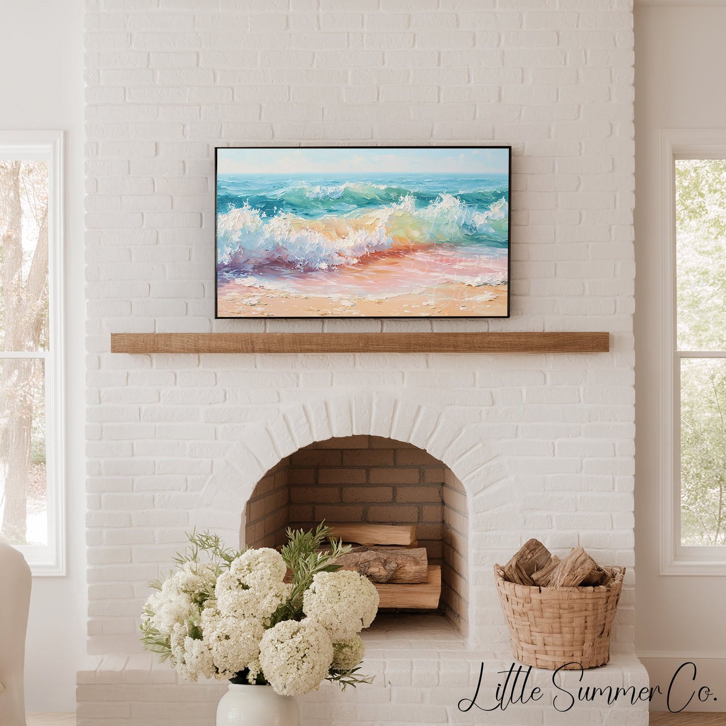 Pastel Ocean Waves on Sandy Beach Frame TV Art displayed on a TV