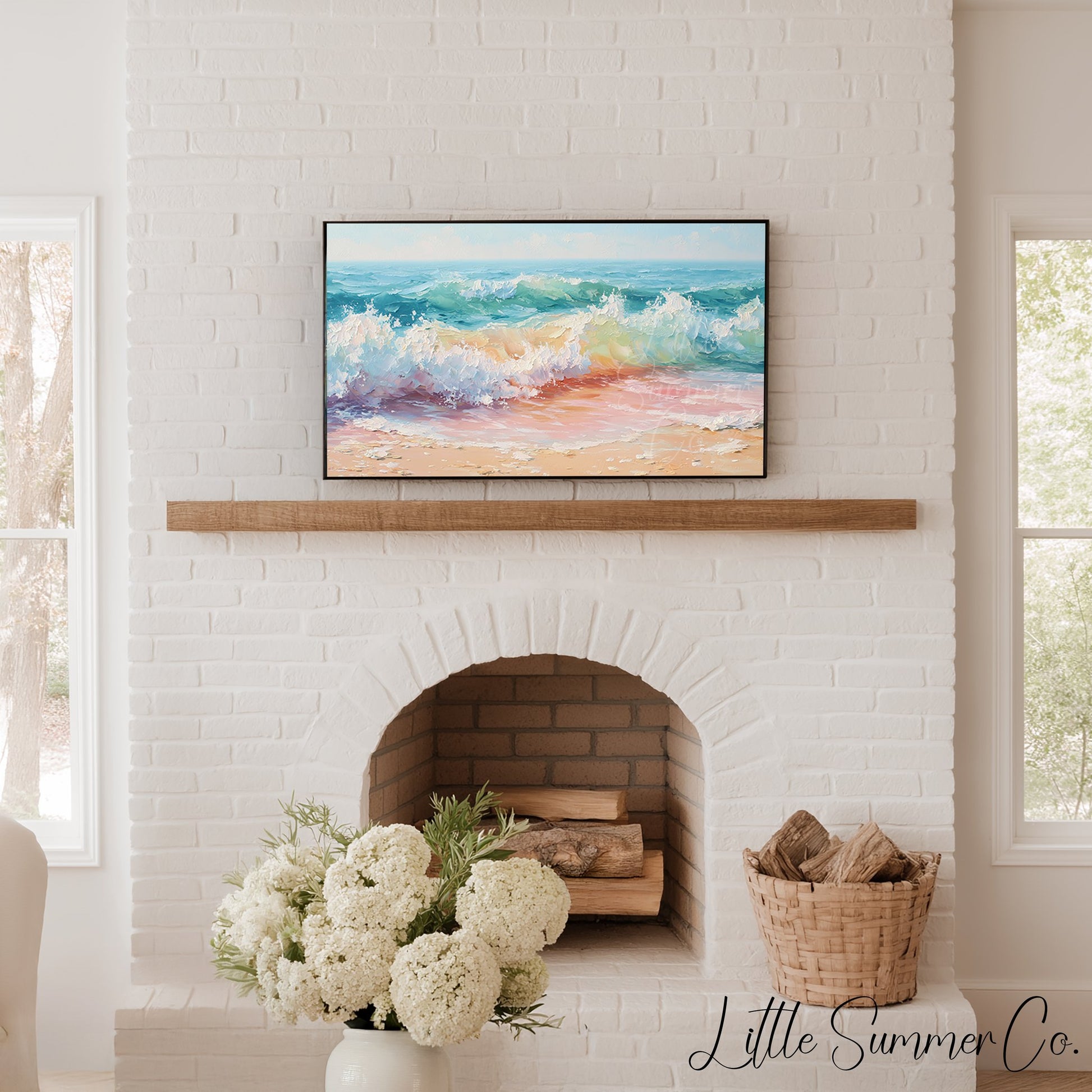 Pastel Ocean Waves on Sandy Beach Frame TV Art displayed on a TV