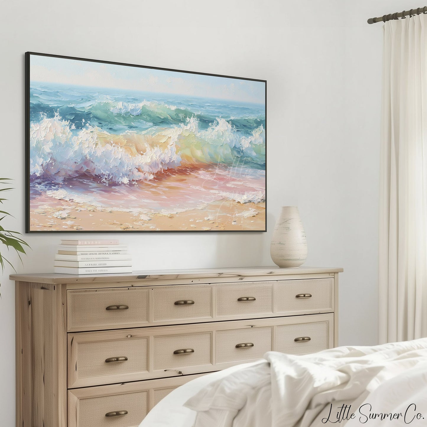 Pastel Ocean Waves on Sandy Beach Frame TV Art displayed on a TV