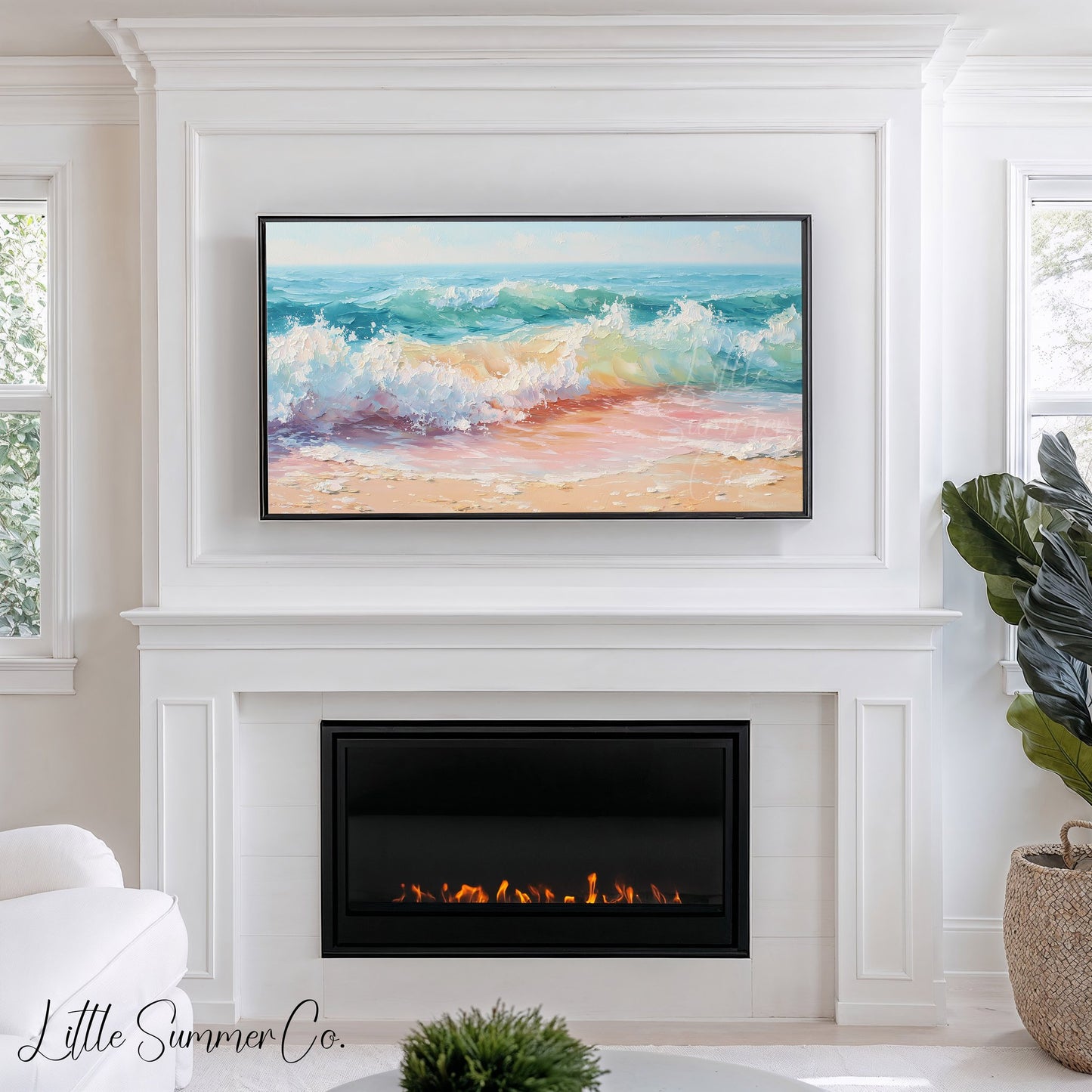 Pastel Ocean Waves on Sandy Beach Frame TV Art displayed on a TV