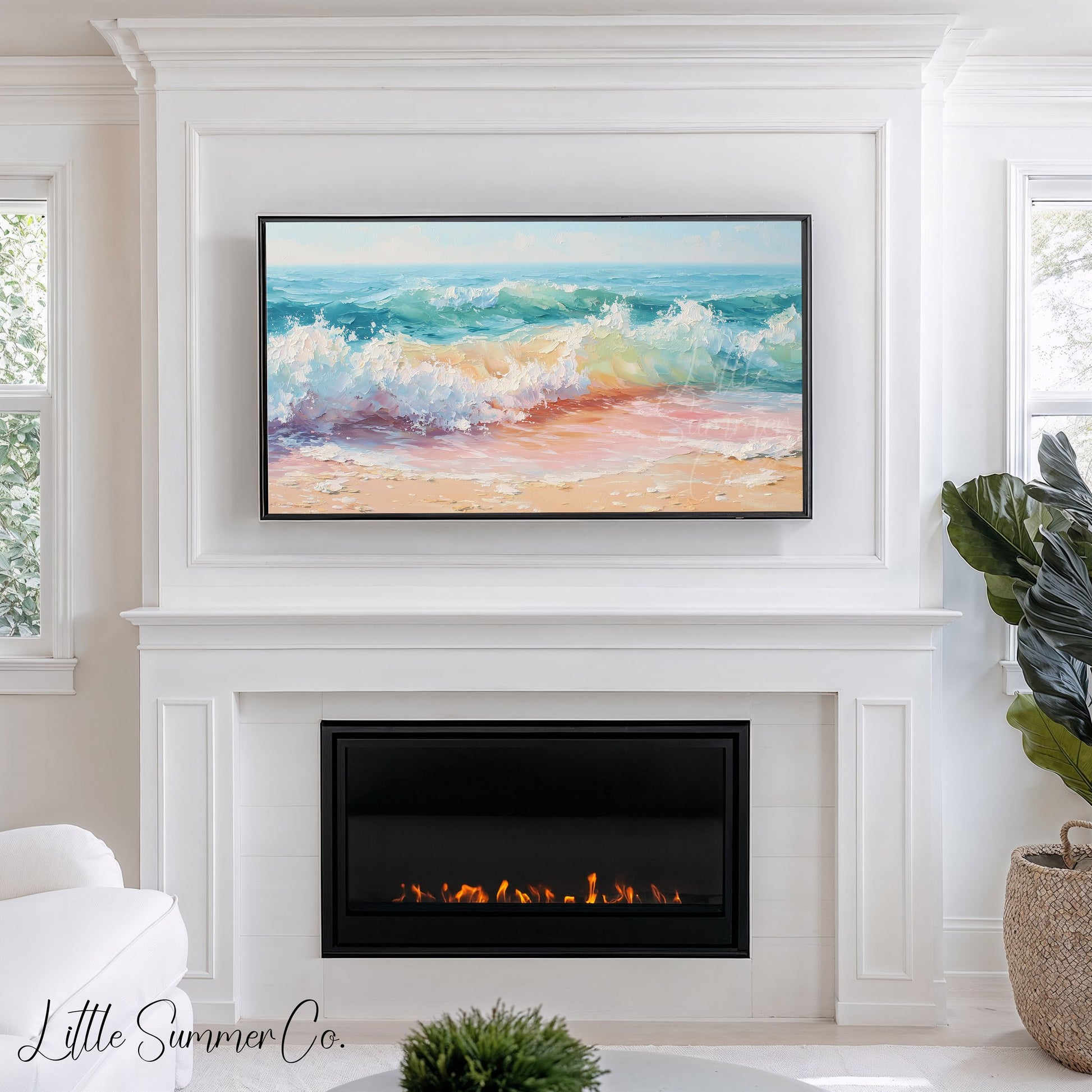 Pastel Ocean Waves on Sandy Beach Frame TV Art displayed on a TV