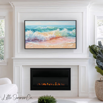 Pastel Ocean Waves on Sandy Beach Frame TV Art displayed on a TV