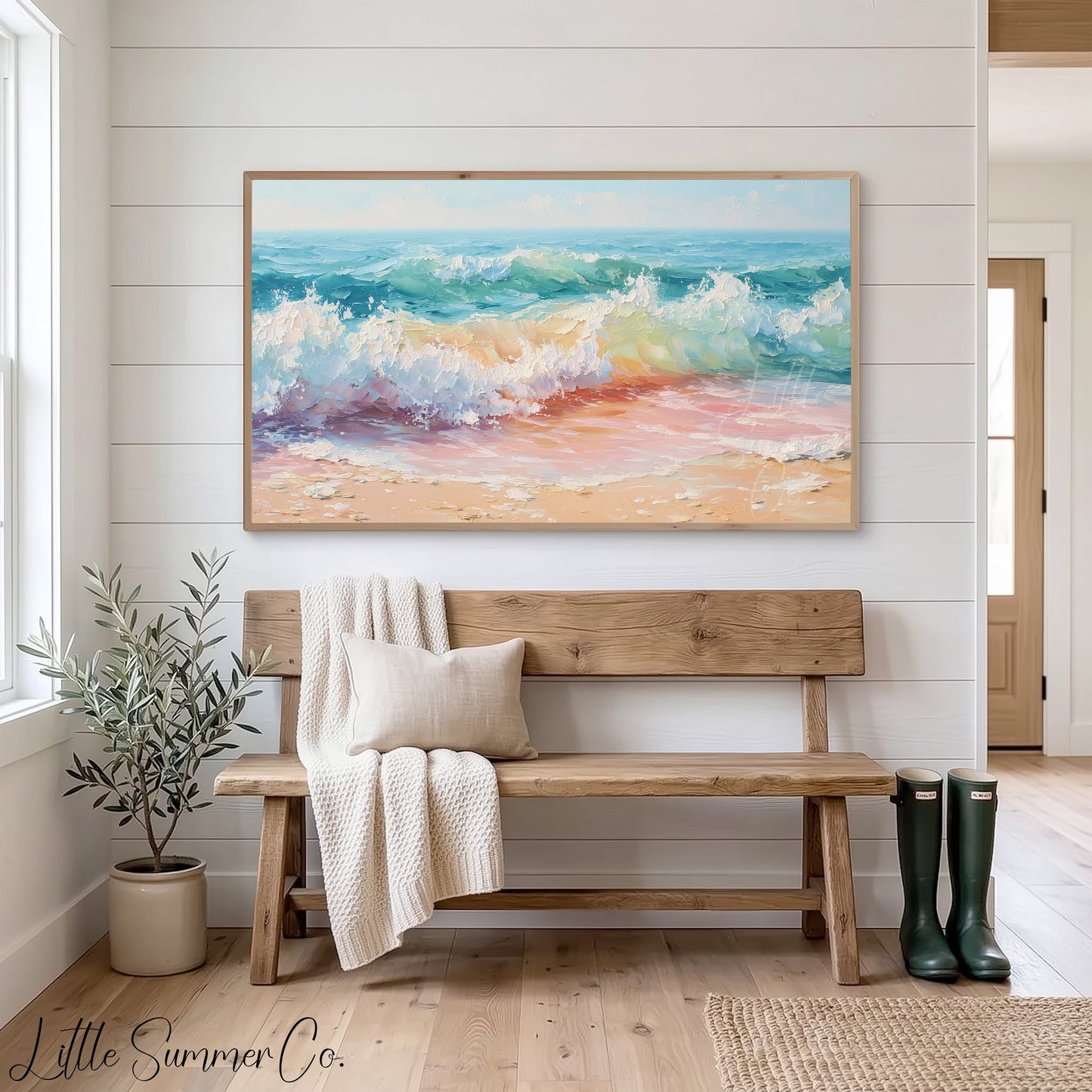 Pastel Ocean Waves on Sandy Beach Frame TV Art displayed on a TV