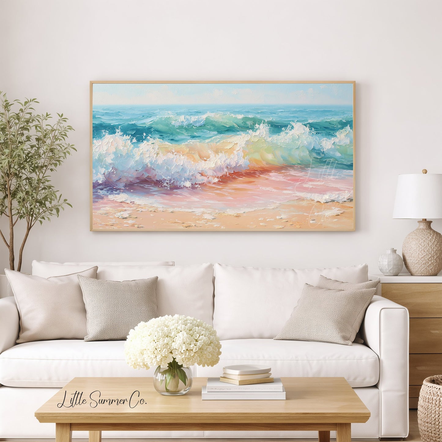Pastel Ocean Waves on Sandy Beach Frame TV Art displayed on a TV