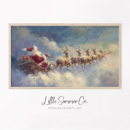 Santa's Sleigh Through the Clouds Frame TV Art displayed on a TV