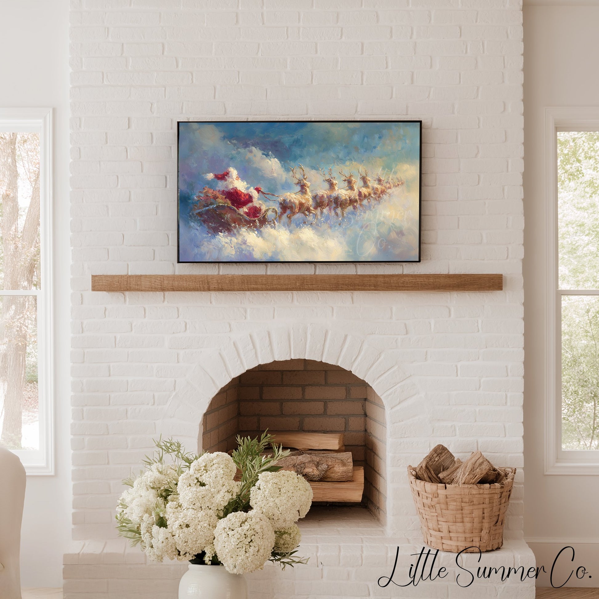 Santa's Sleigh Through the Clouds Frame TV Art displayed on a TV