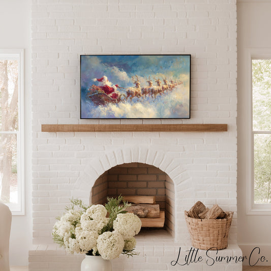 Santa's Sleigh Through the Clouds Frame TV Art displayed on a TV