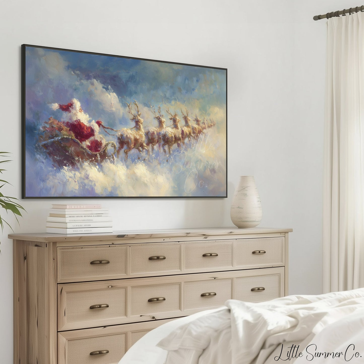 Santa's Sleigh Through the Clouds Frame TV Art displayed on a TV
