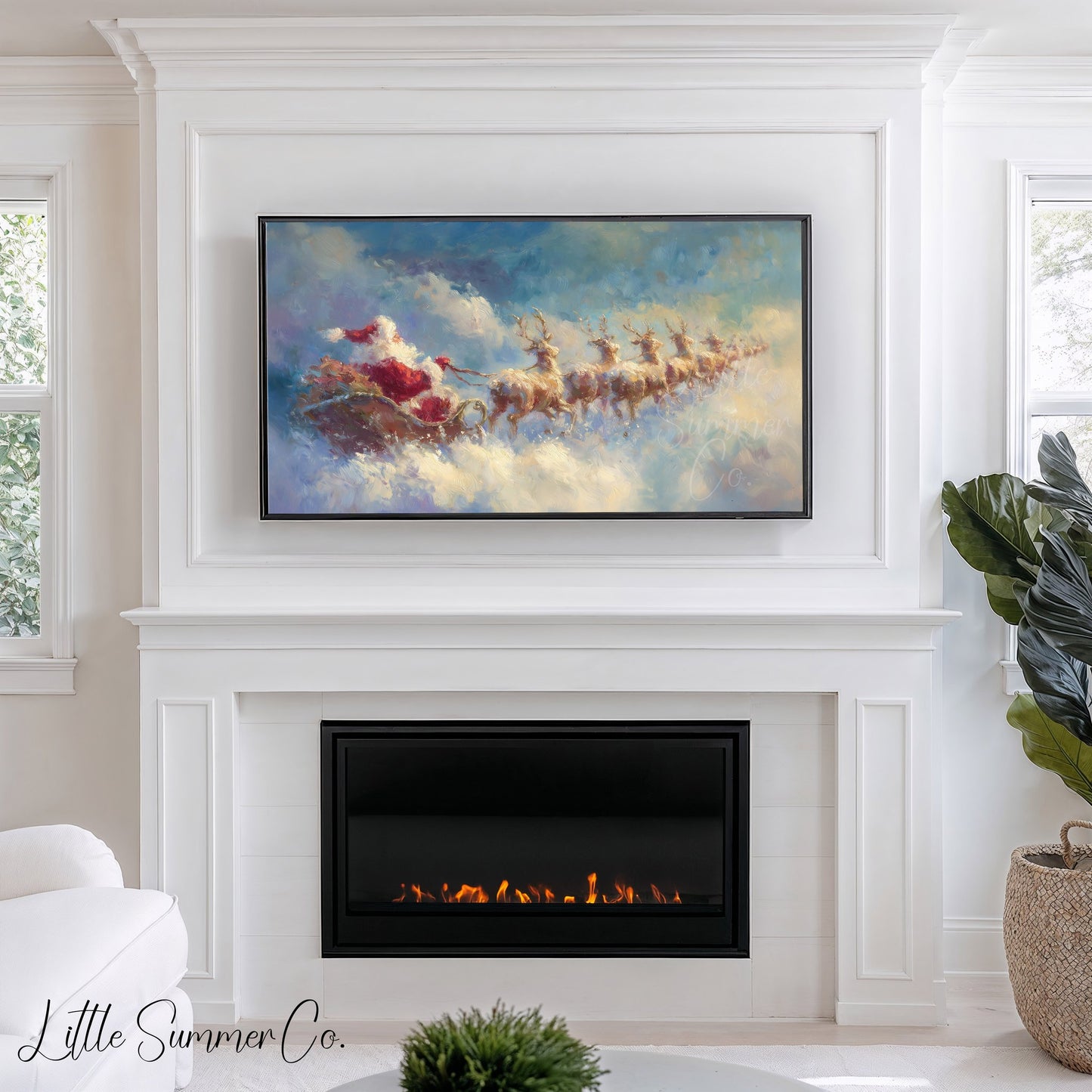 Santa's Sleigh Through the Clouds Frame TV Art displayed on a TV