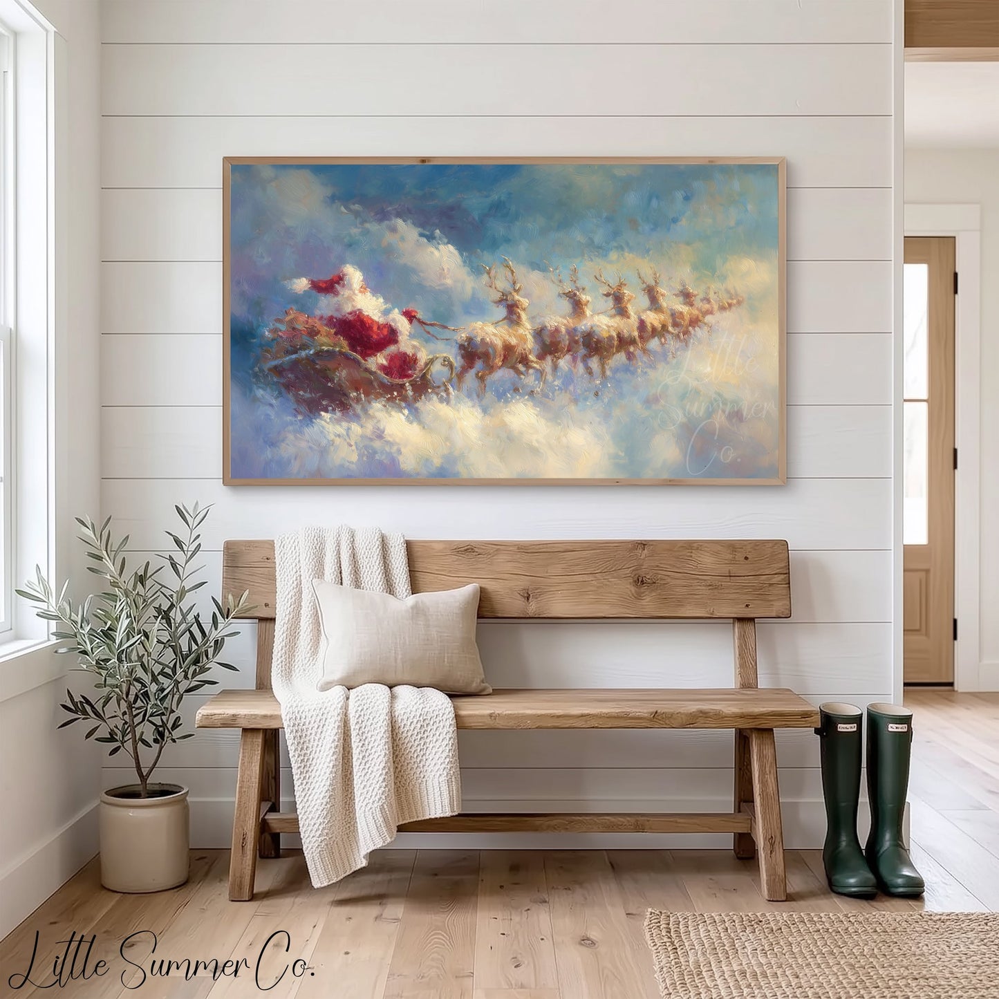 Santa's Sleigh Through the Clouds Frame TV Art displayed on a TV