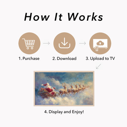 Santa's Sleigh Through the Clouds Frame TV Art displayed on a TV