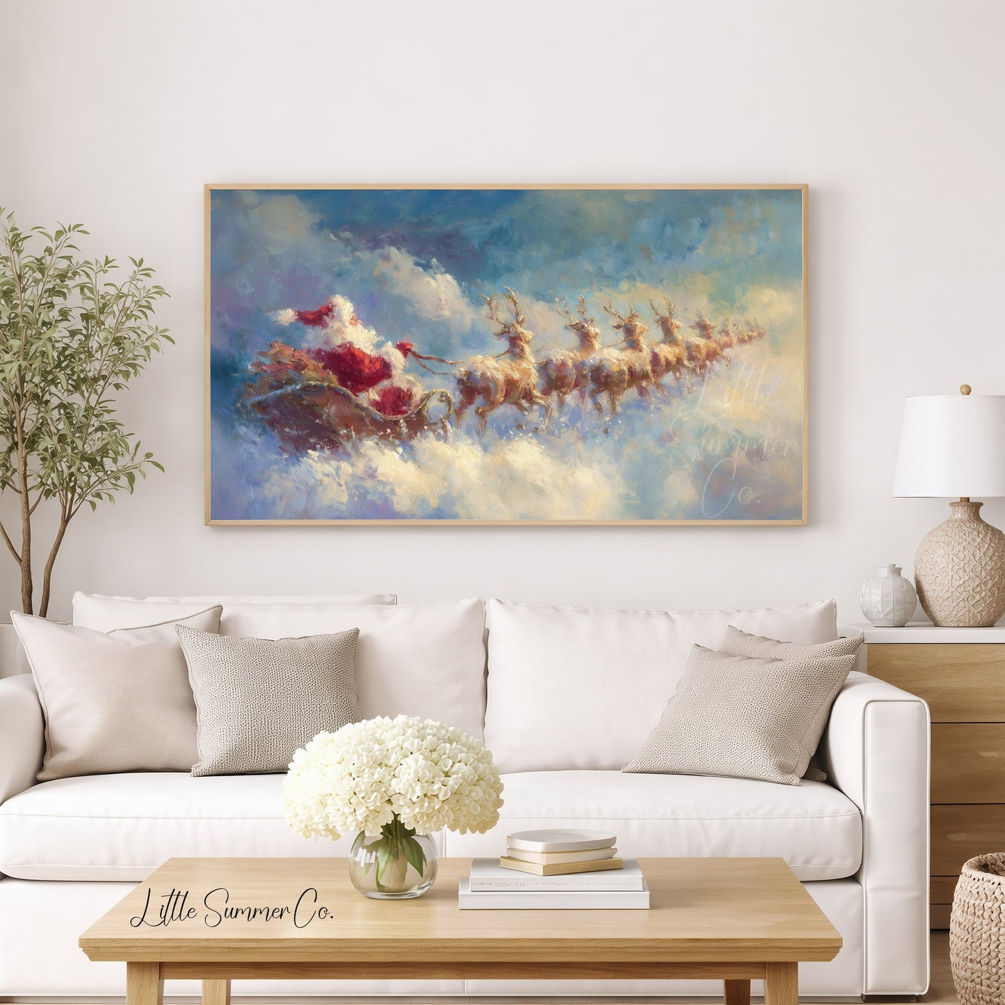 Santa's Sleigh Through the Clouds Frame TV Art displayed on a TV