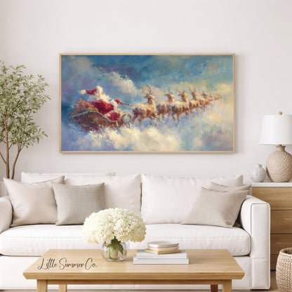 Santa's Sleigh Through the Clouds Frame TV Art displayed on a TV