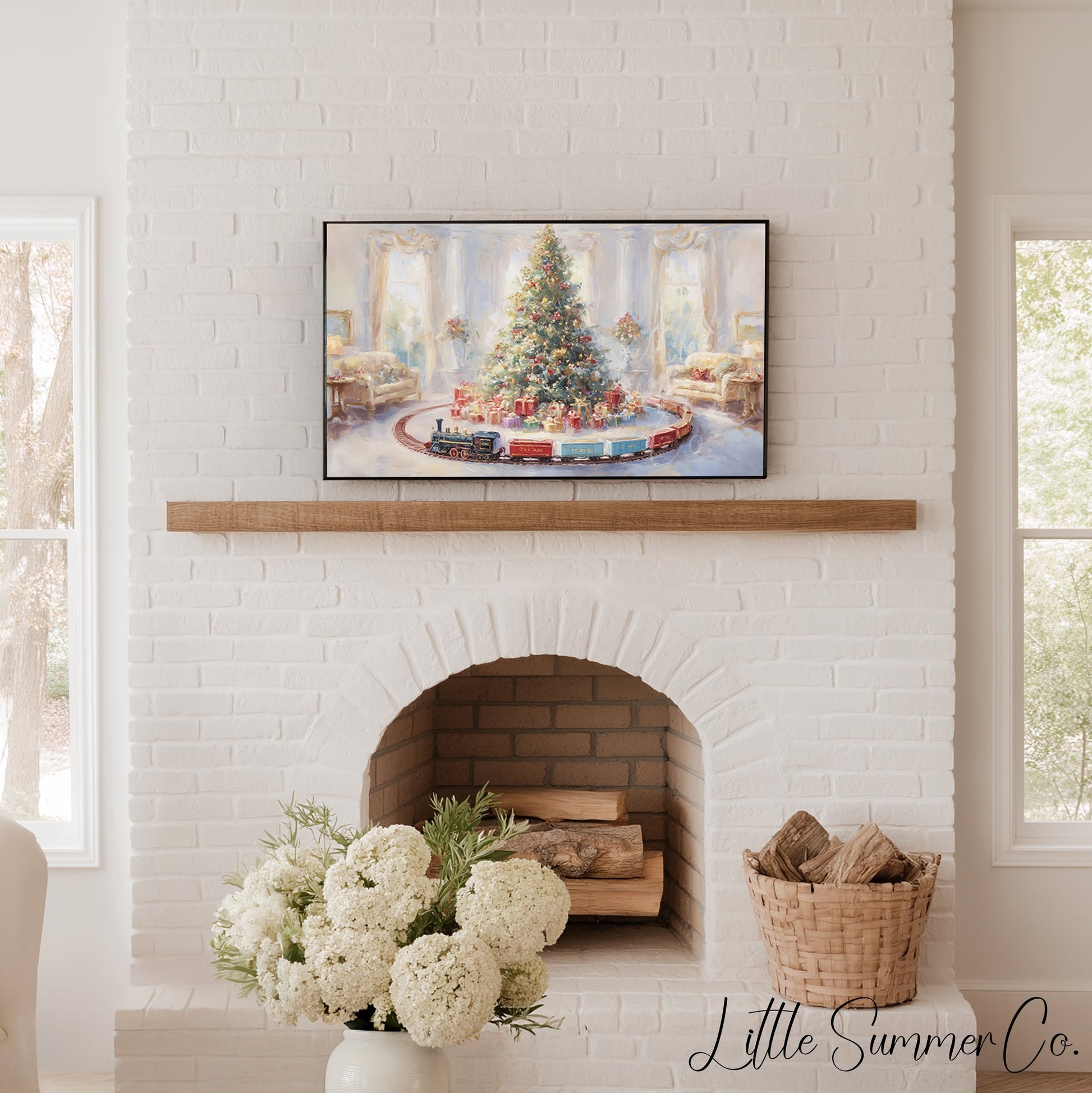 Christmas Tree with Toy Train Frame TV Art displayed on a TV