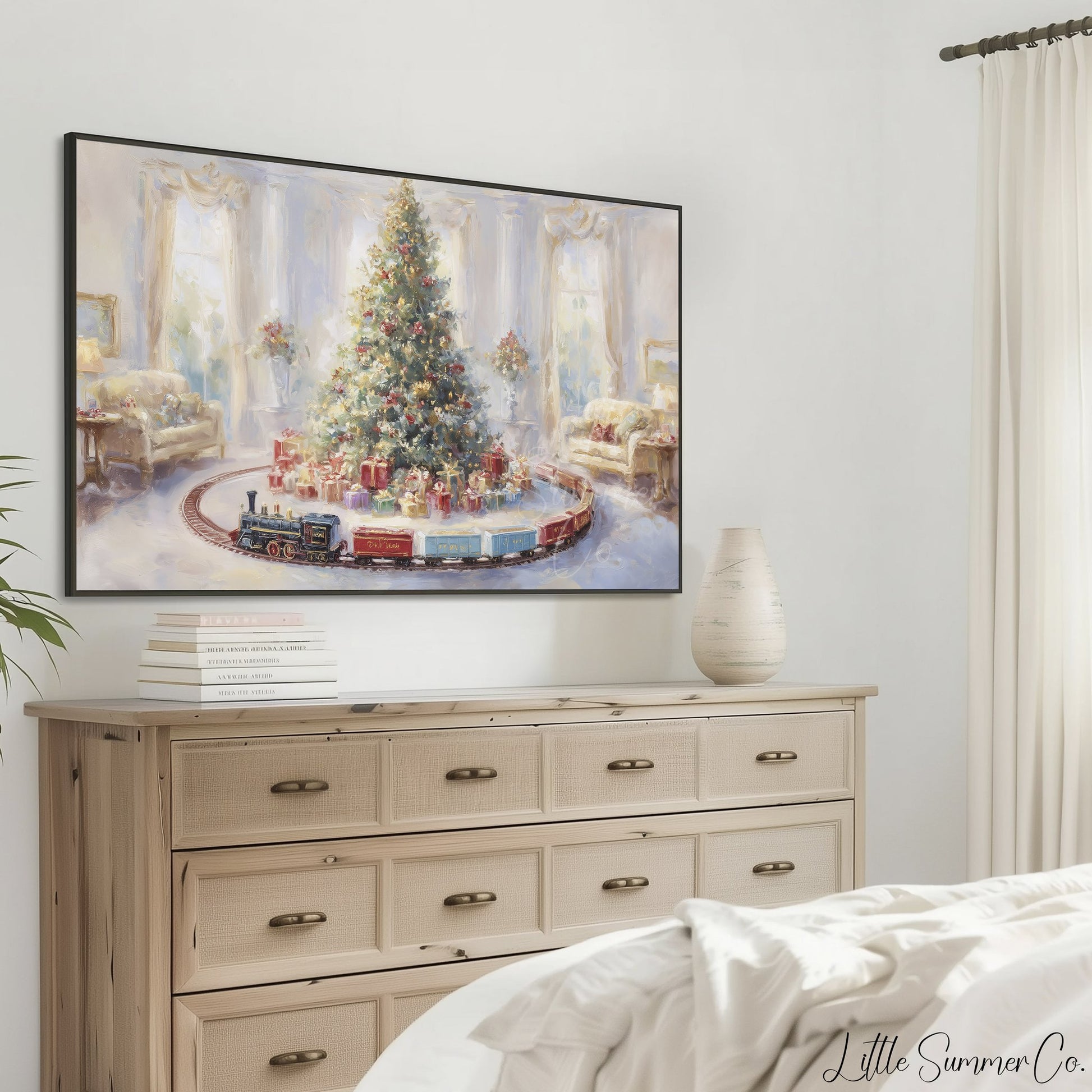 Christmas Tree with Toy Train Frame TV Art displayed on a TV