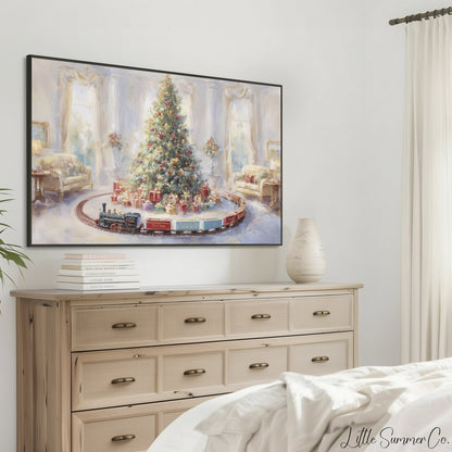 Christmas Tree with Toy Train Frame TV Art displayed on a TV