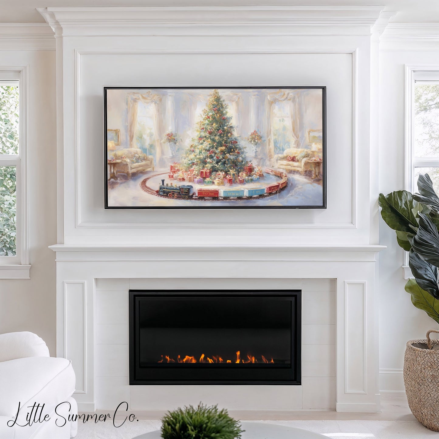 Christmas Tree with Toy Train Frame TV Art displayed on a TV