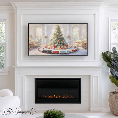 Christmas Tree with Toy Train Frame TV Art displayed on a TV