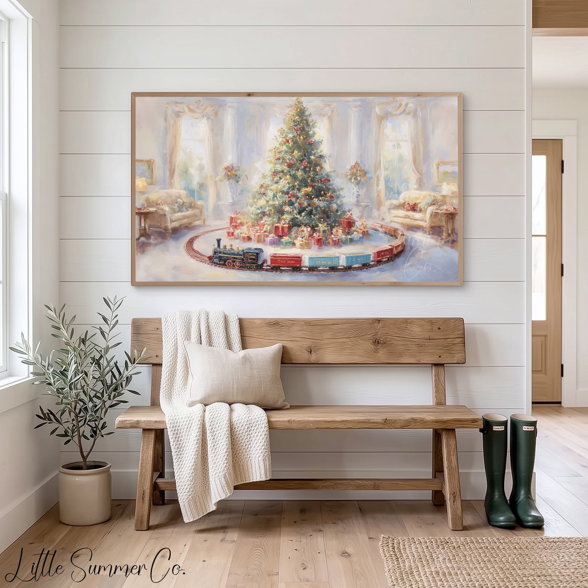 Christmas Tree with Toy Train Frame TV Art displayed on a TV