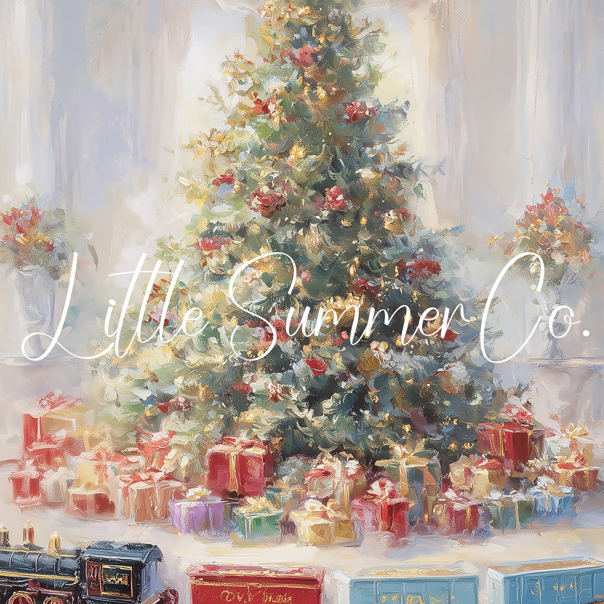 Christmas Tree with Toy Train Frame TV Art displayed on a TV