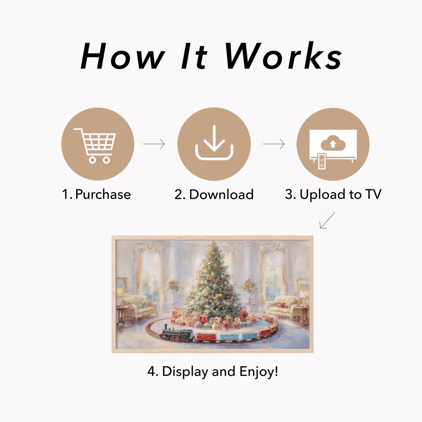 Christmas Tree with Toy Train Frame TV Art displayed on a TV