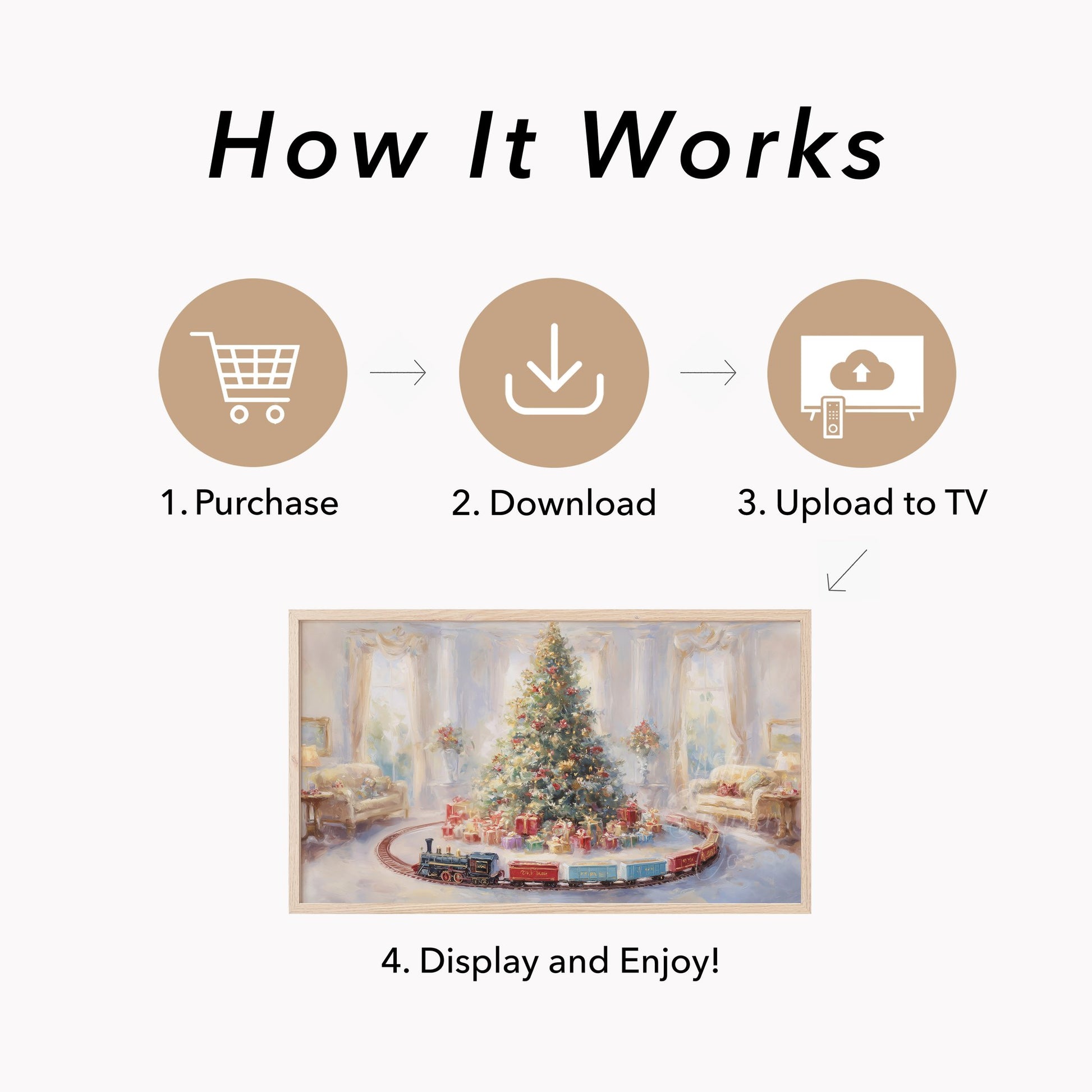 Christmas Tree with Toy Train Frame TV Art displayed on a TV