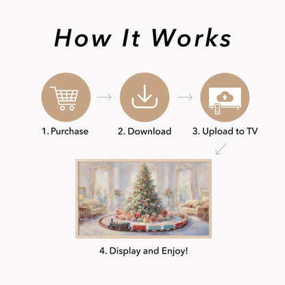 Christmas Tree with Toy Train Frame TV Art displayed on a TV