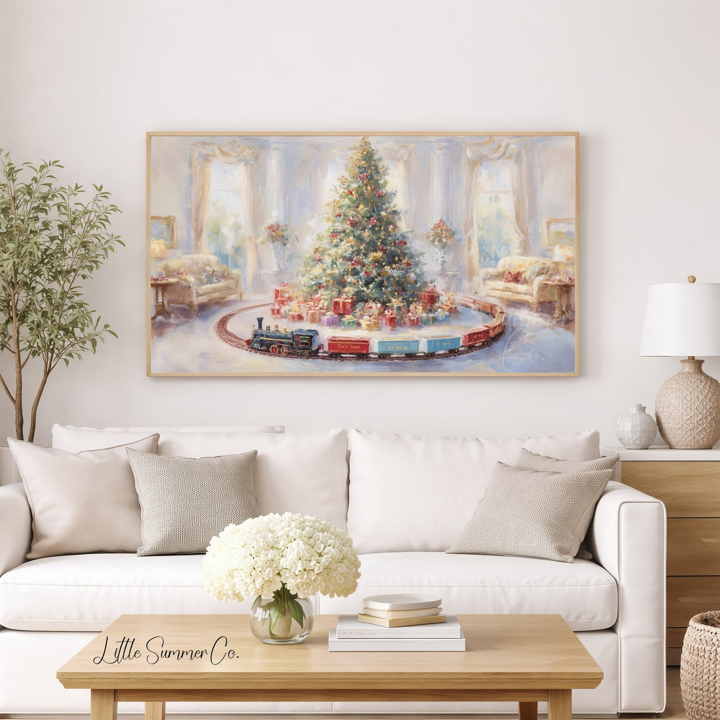 Christmas Tree with Toy Train Frame TV Art displayed on a TV