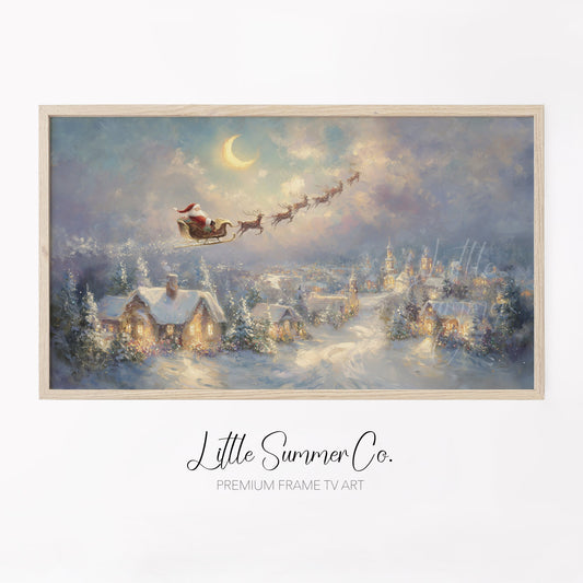 Santa's Sleigh Over Moonlit Village Frame TV Art displayed on a TV