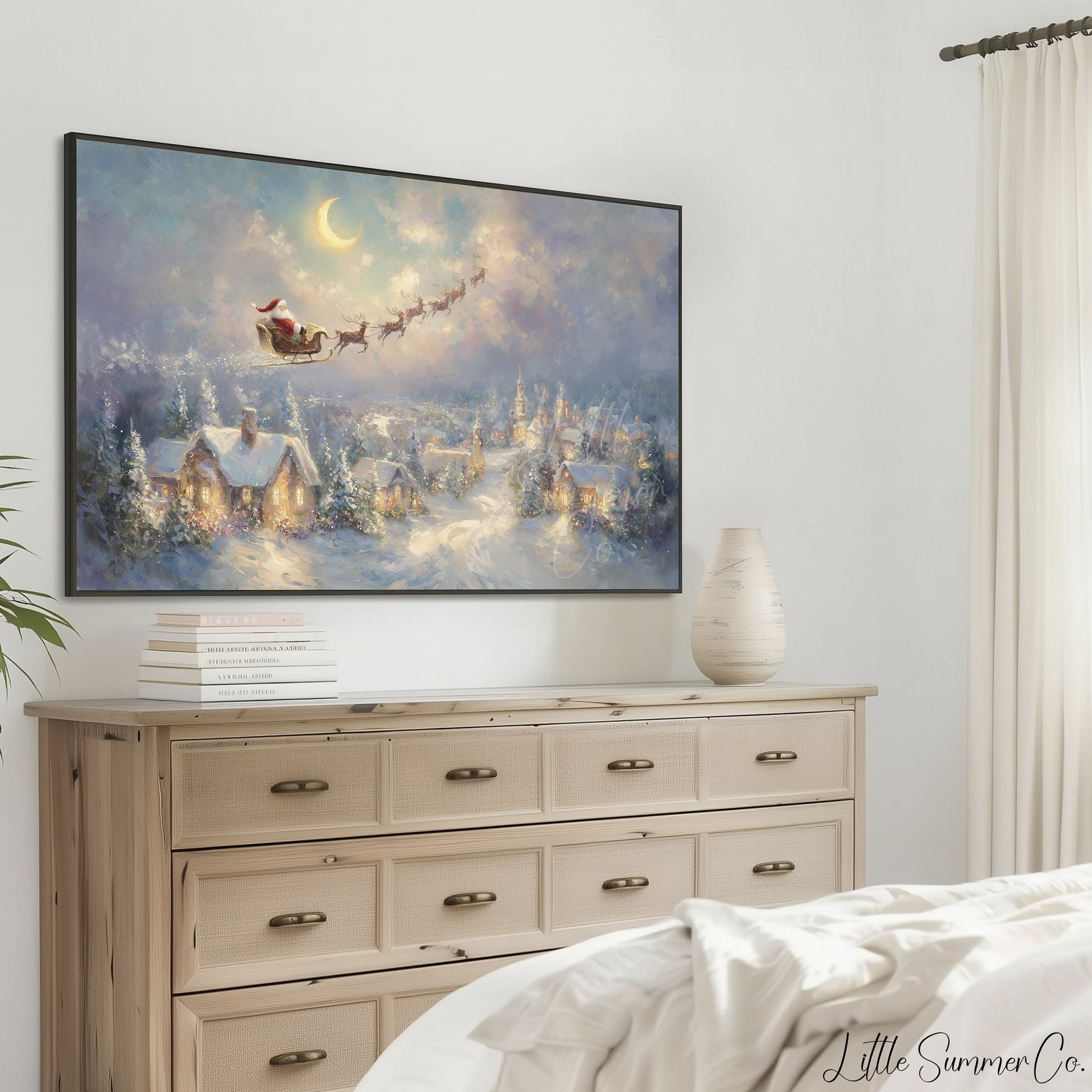 Santa's Sleigh Over Moonlit Village Frame TV Art displayed on a TV