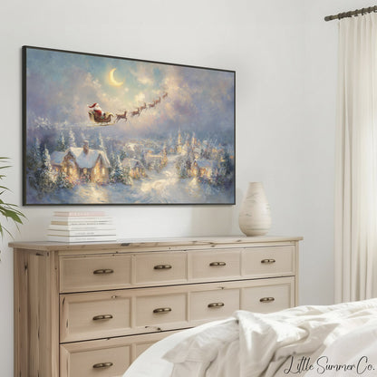 Santa's Sleigh Over Moonlit Village Frame TV Art displayed on a TV
