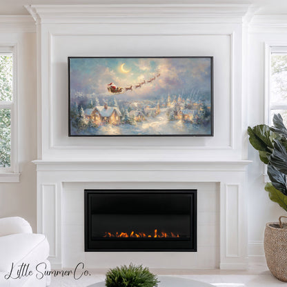 Santa's Sleigh Over Moonlit Village Frame TV Art displayed on a TV