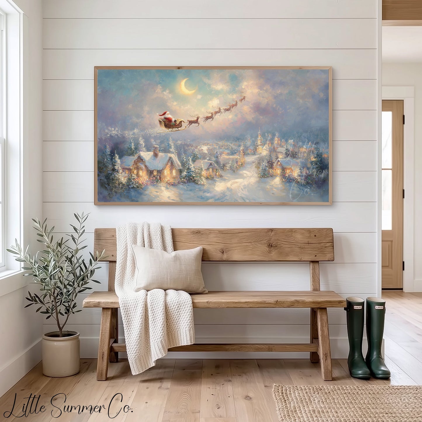 Santa's Sleigh Over Moonlit Village Frame TV Art displayed on a TV