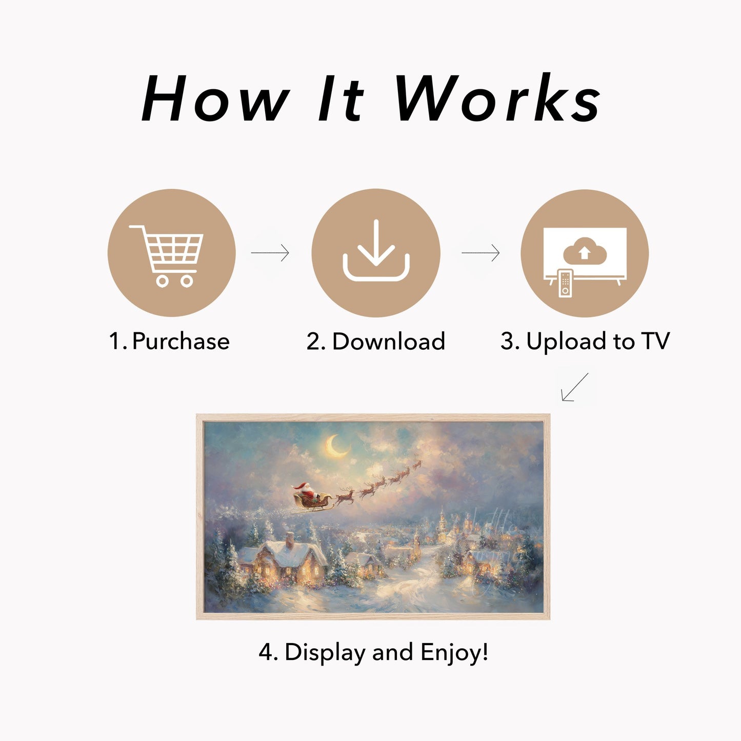 Santa's Sleigh Over Moonlit Village Frame TV Art displayed on a TV