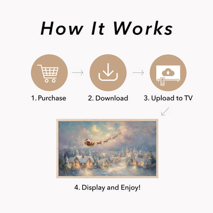 Santa's Sleigh Over Moonlit Village Frame TV Art displayed on a TV