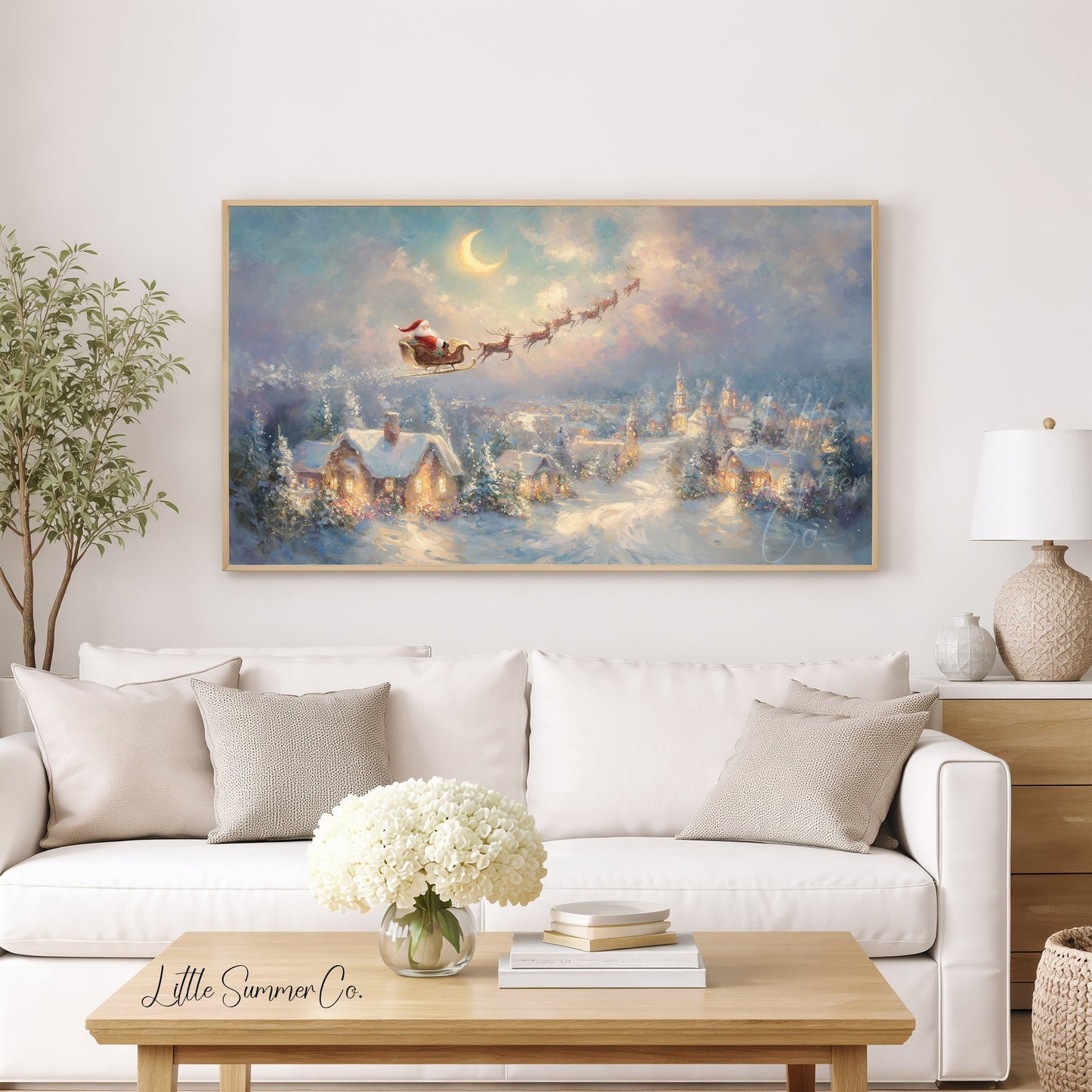 Santa's Sleigh Over Moonlit Village Frame TV Art displayed on a TV