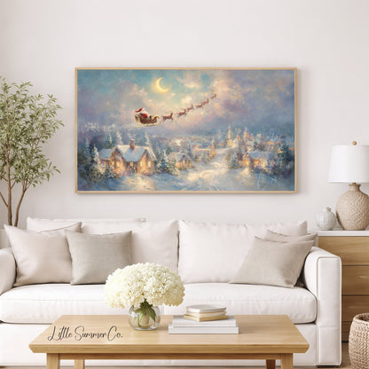 Santa's Sleigh Over Moonlit Village Frame TV Art displayed on a TV