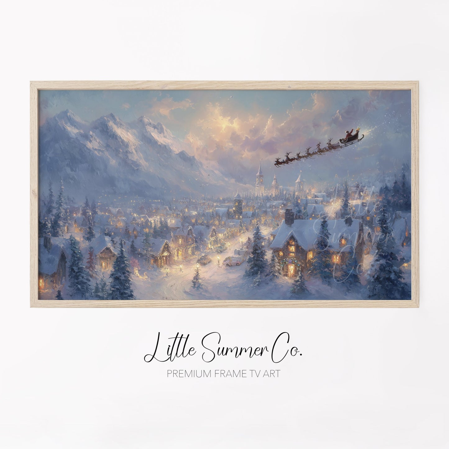 Santa's Sleigh Over Snowy Town Frame TV Art displayed on a TV