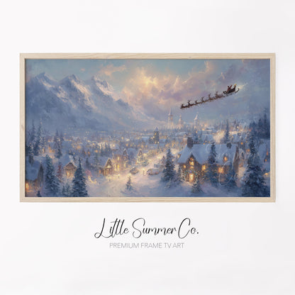 Santa's Sleigh Over Snowy Town Frame TV Art displayed on a TV