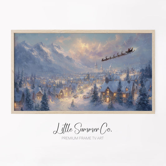 Santa's Sleigh Over Snowy Town Frame TV Art displayed on a TV