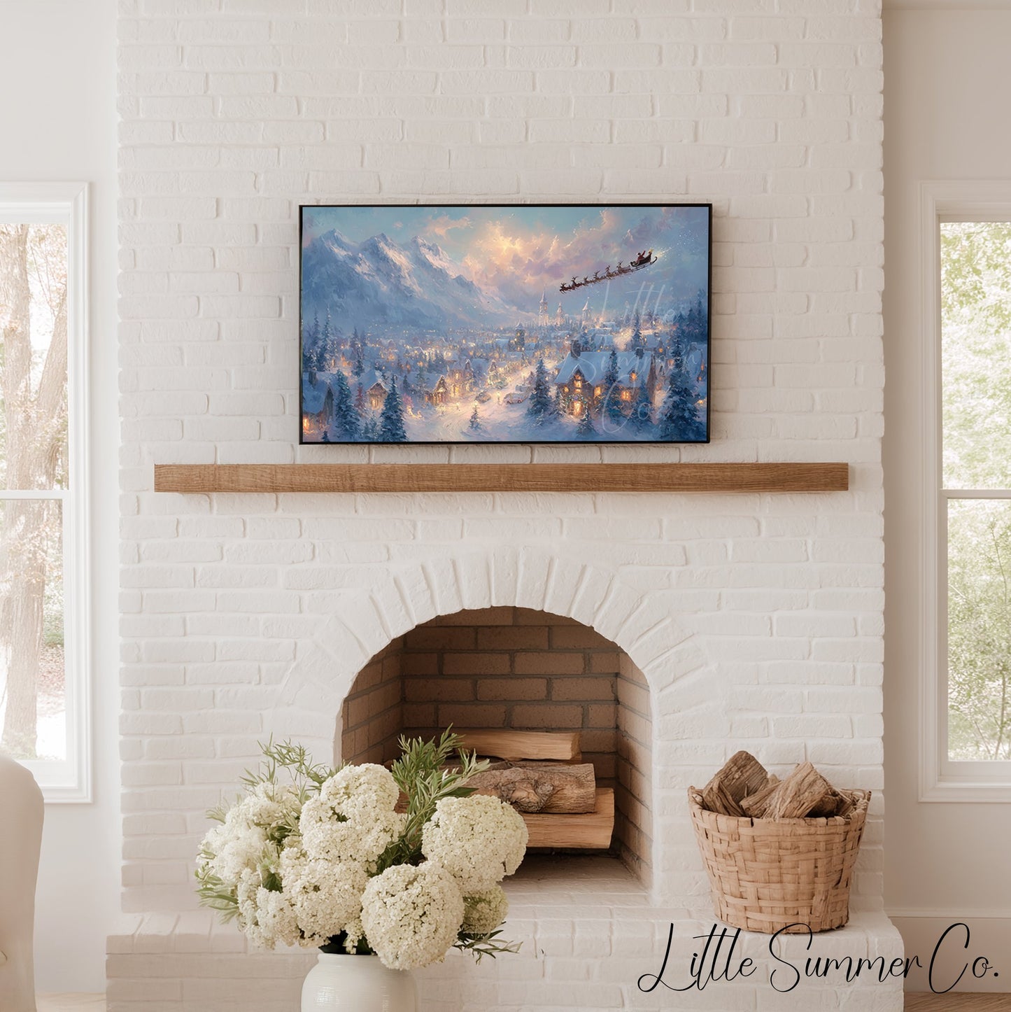 Santa's Sleigh Over Snowy Town Frame TV Art displayed on a TV