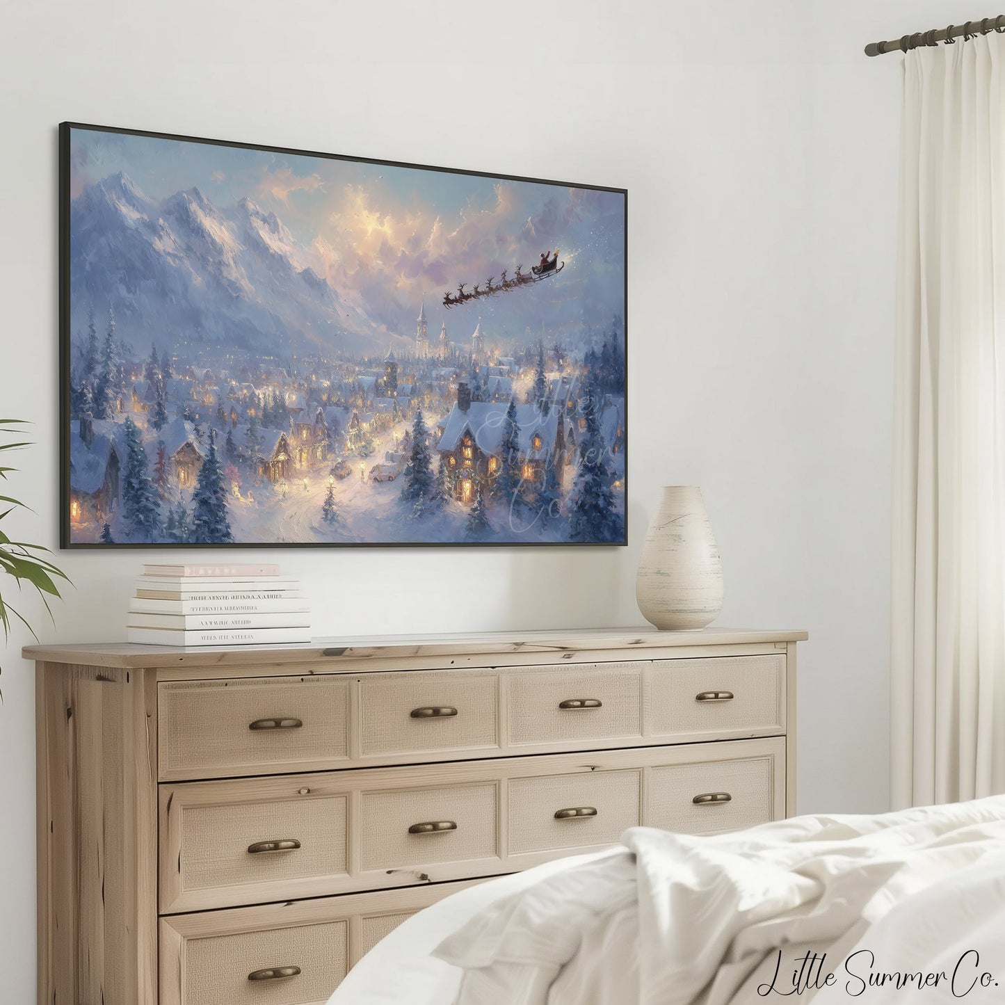 Santa's Sleigh Over Snowy Town Frame TV Art displayed on a TV