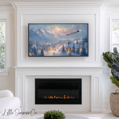 Santa's Sleigh Over Snowy Town Frame TV Art displayed on a TV