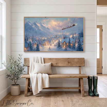 Santa's Sleigh Over Snowy Town Frame TV Art displayed on a TV