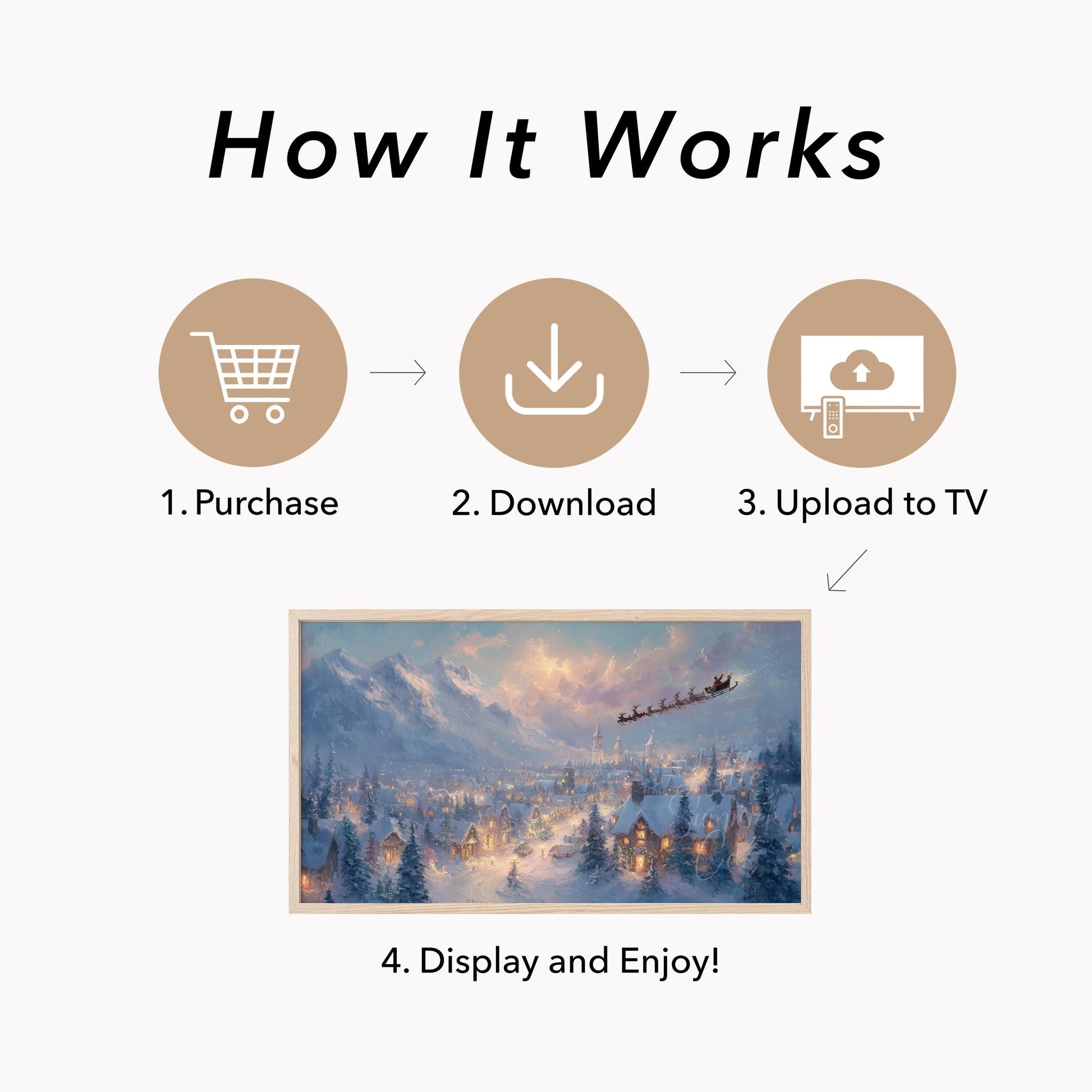Santa's Sleigh Over Snowy Town Frame TV Art displayed on a TV