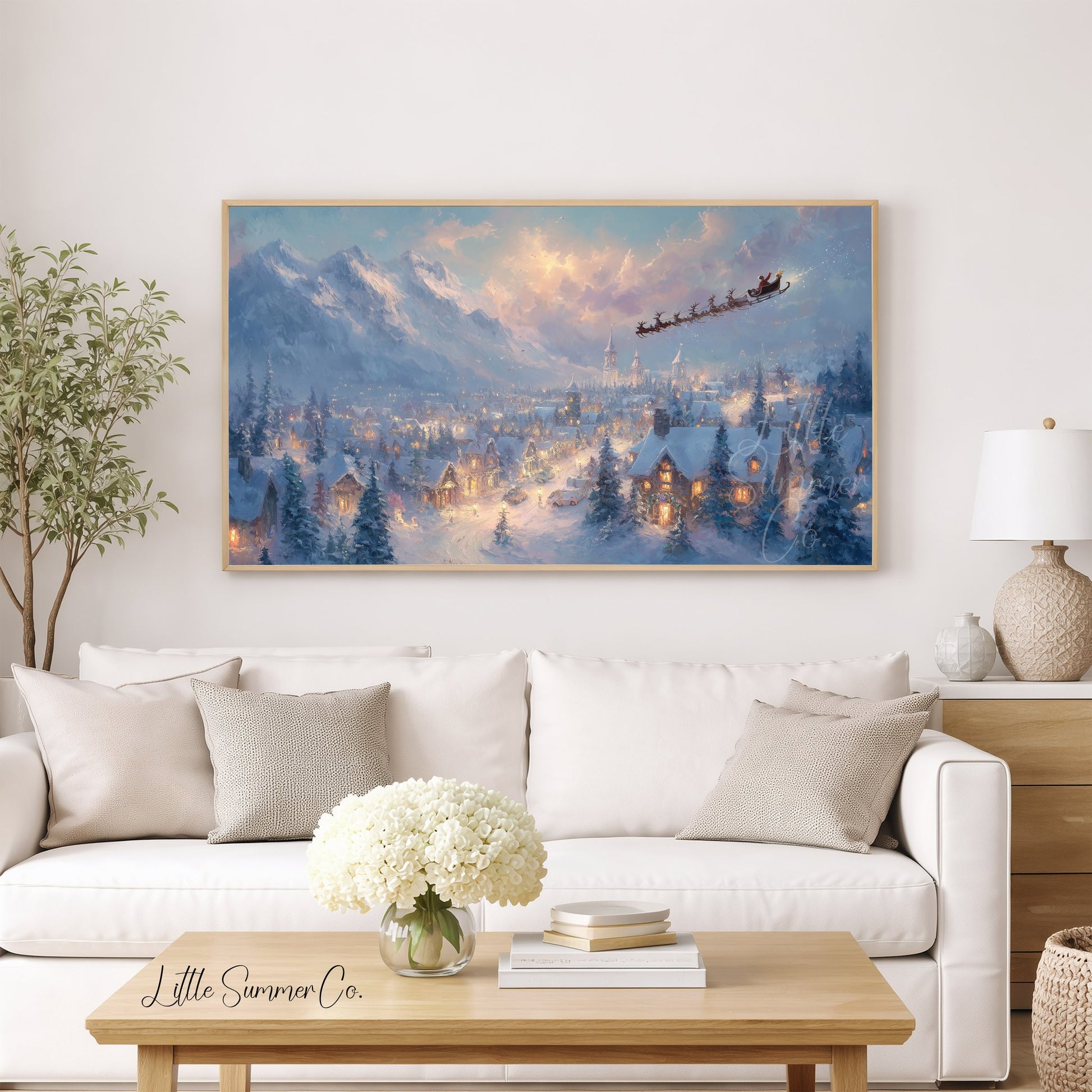 Santa's Sleigh Over Snowy Town Frame TV Art displayed on a TV