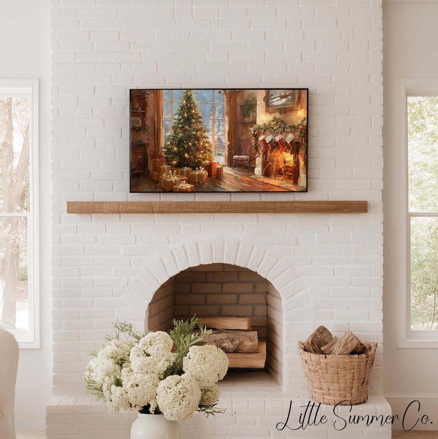 Christmas Tree by the Fireplace Frame TV Art displayed on a TV