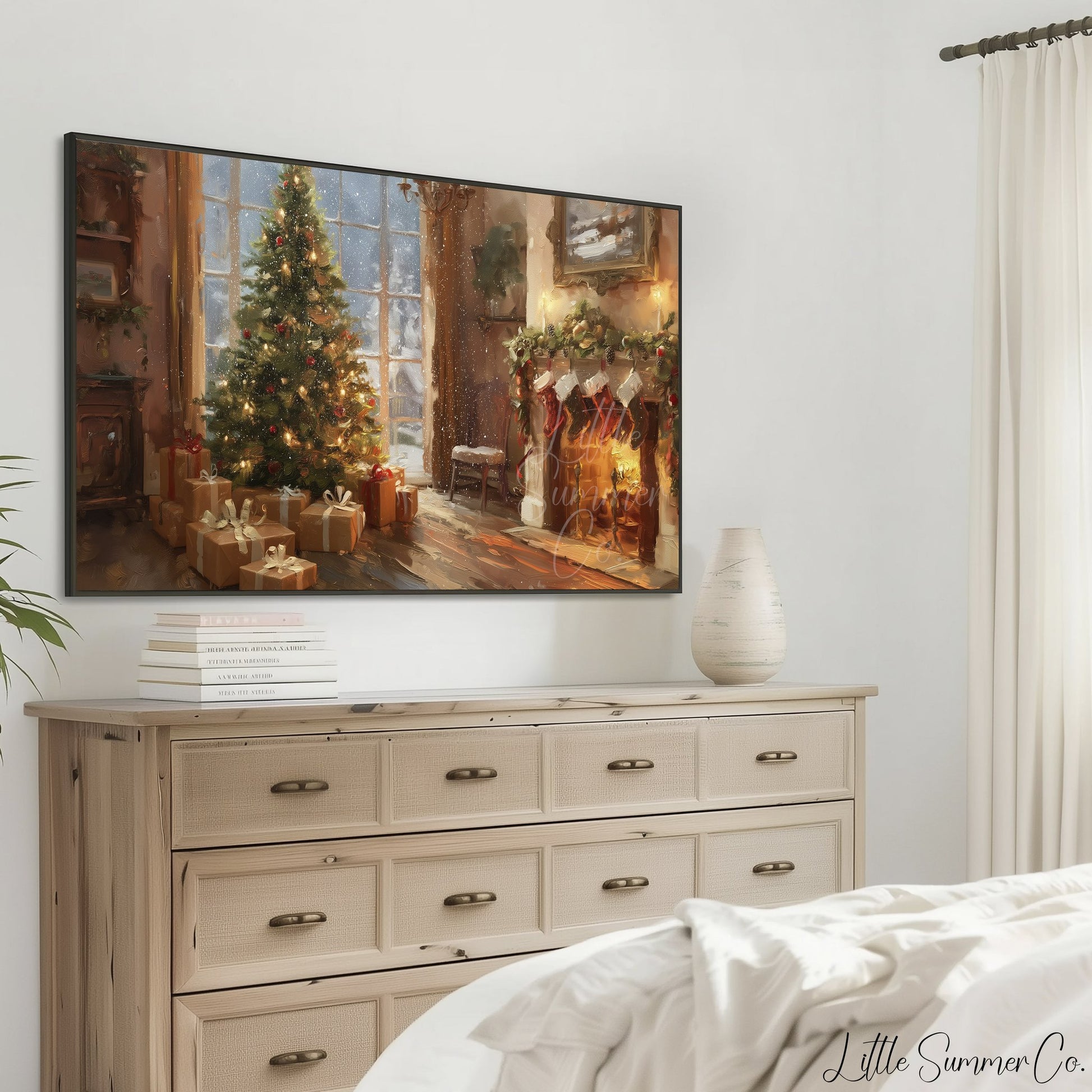 Christmas Tree by the Fireplace Frame TV Art displayed on a TV